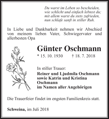 Traueranzeige von Günter Oschmann von Südthüringer Presse