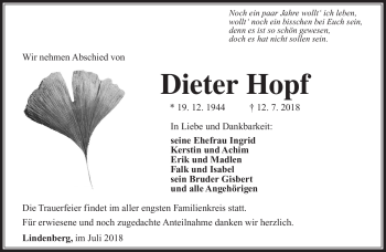 Traueranzeige von Dieter Hopf von Südthüringer Presse