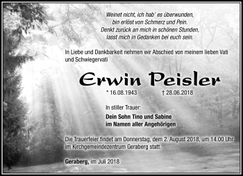 Traueranzeige von Erwin Peisler von Südthüringer Presse