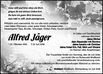 Traueranzeige von Alfred Jäger von Südthüringer Presse