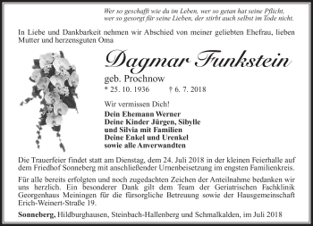 Traueranzeige von Dagmar Funkstein von Südthüringer Presse