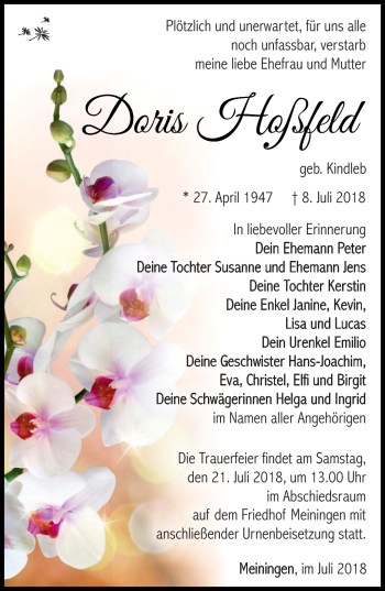Traueranzeige von Doris Hoßfeld von Südthüringer Presse