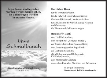 Traueranzeige von Uwe Schmalbauch von Südthüringer Presse