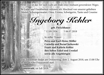 Traueranzeige von Ingeborg Kehler von Südthüringer Presse