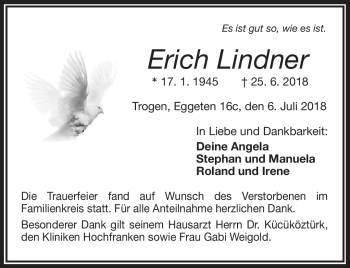 Traueranzeige von Erich Lindner von Frankenpost