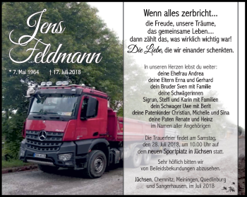 Traueranzeige von Jens Feldmann von Südthüringer Presse