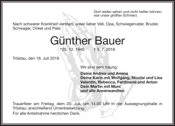 Traueranzeige von Günther Bauer von Frankenpost