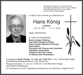 Traueranzeige von Hans König von Frankenpost