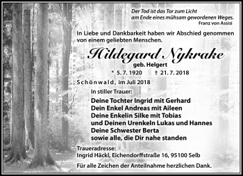 Traueranzeige von Hildegard Nykrake von Frankenpost