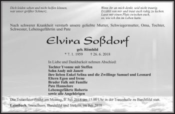 Traueranzeige von Elvira Soßdorf von Südthüringer Presse
