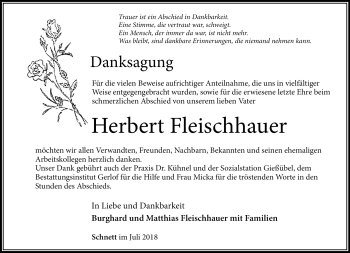 Traueranzeige von Herbert Fleischhauer von Südthüringer Presse