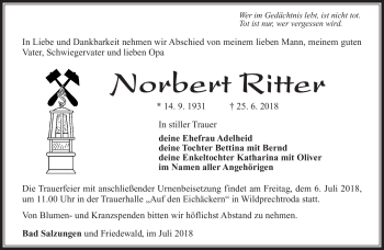 Traueranzeige von Norbert Ritter von Südthüringer Presse