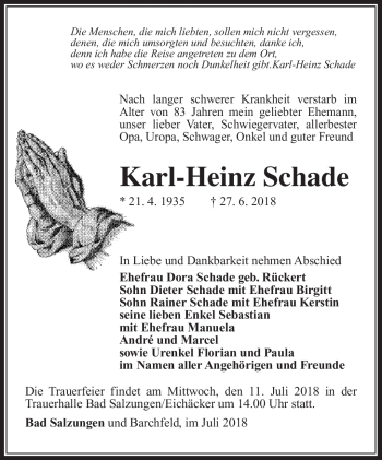 Traueranzeige von Karl-Heinz Schade von Südthüringer Presse