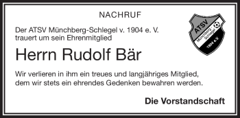 Traueranzeige von Rudolf Bär von Frankenpost