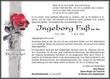 Traueranzeige von Ingeborg Fuß von Südthüringer Presse
