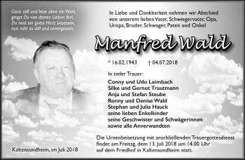 Traueranzeige von Manfred Wald von Südthüringer Presse
