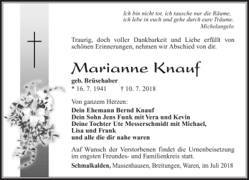 Traueranzeige von Marianne Knauf von Südthüringer Presse