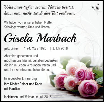 Traueranzeige von Gisela Marbach von Südthüringer Presse