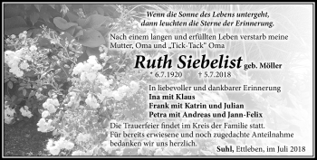 Traueranzeige von Ruth Siebelist von Südthüringer Presse