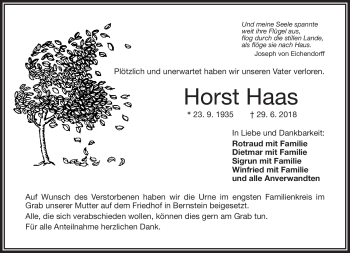 Traueranzeige von Horst Haas von Frankenpost