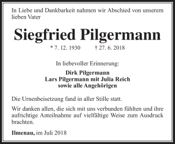 Traueranzeige von Siegfried Pilgermann von Südthüringer Presse