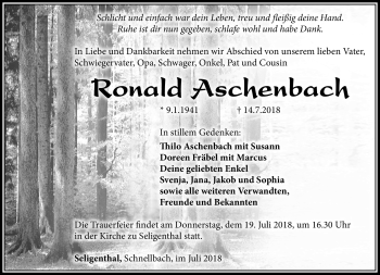 Traueranzeige von Ronald Aschenbach von Südthüringer Presse