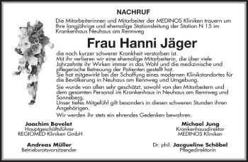 Traueranzeige von Hanni Jäger von Südthüringer Presse