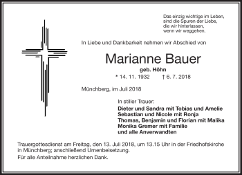 Traueranzeige von Marianne Bauer von Frankenpost
