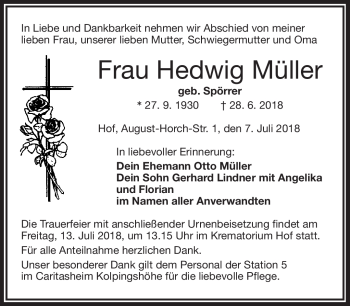 Traueranzeige von Hedwig Müller von Frankenpost