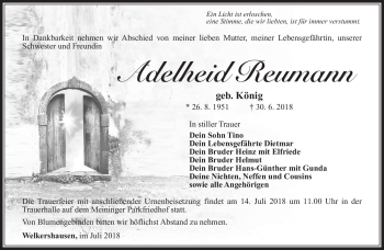 Traueranzeige von Adelheid Reumann von Südthüringer Presse