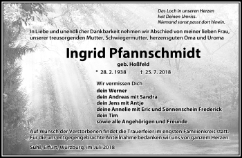Traueranzeige von Ingrid Pfannschmidt von Südthüringer Presse