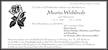 Traueranzeige von Maria Wohlrab von Frankenpost