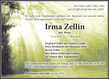 Traueranzeige von Irma Zellin von Südthüringer Presse