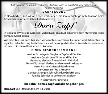 Traueranzeige von Dora Zapf von Südthüringer Presse