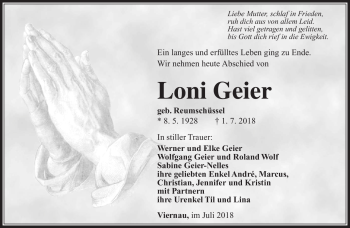 Traueranzeige von Loni Geier von Südthüringer Presse