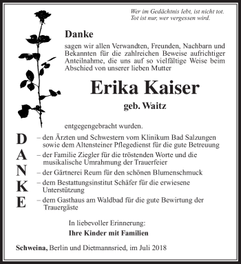Traueranzeige von Erika Kaiser von Südthüringer Presse