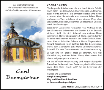 Traueranzeige von Gerd Baumgärtner von Südthüringer Presse