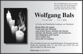 Traueranzeige von Wolfgang Bals von Südthüringer Presse