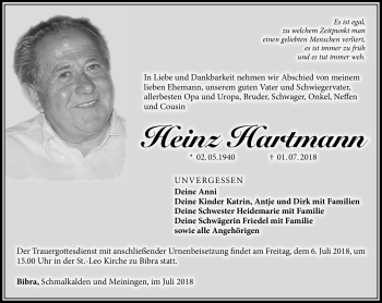 Traueranzeige von Heinz Hartmann von Südthüringer Presse