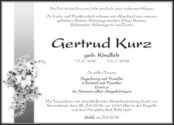 Traueranzeige von GErtrud Kurz von Südthüringer Presse