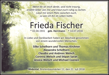 Traueranzeige von Frieda Fischer von Neue Presse Coburg