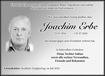 Traueranzeige von Joachim Erbe von Südthüringer Presse
