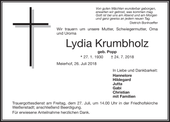 Traueranzeige von Lydia Krumbholz von Frankenpost
