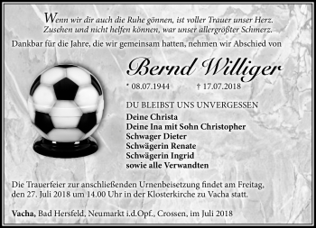 Traueranzeige von Bernd Williger von Südthüringer Presse