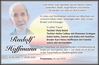 Traueranzeige von Rudolf Hoffmann von Südthüringer Presse