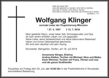 Traueranzeige von Wolfgang Klinger von Frankenpost