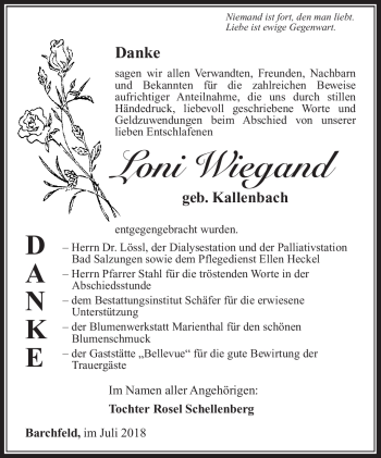 Traueranzeige von Lini Wiegand von Südthüringer Presse