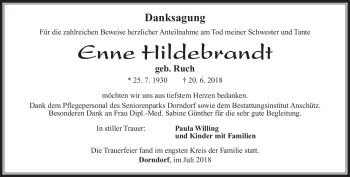 Traueranzeige von Enne Hildebrandt von Südthüringer Presse