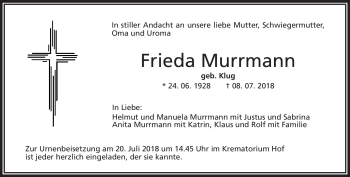 Traueranzeige von Frieda Murrmann von Frankenpost