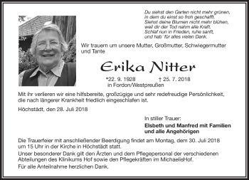 Traueranzeige von Erika Nitter von Frankenpost